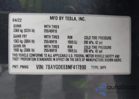2022 Tesla Model Y Long Range Dual Motor All-Wheel Drive z USA, uszkodzony, nr VIN 7SAYGDEE8NF417890